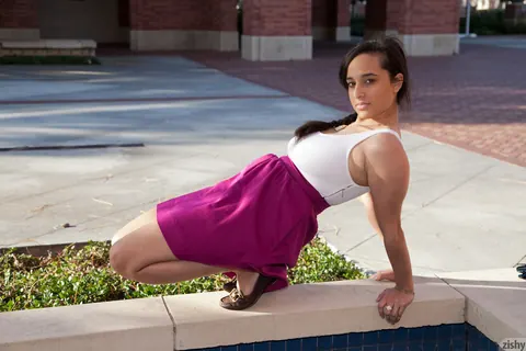 Domino Madsen: Busty Woman in Glasses Flashes Panties and Spreads Her Legs Outdoors – photo 8 of 11
