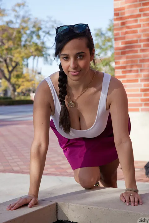Domino Madsen: Busty Woman in Glasses Flashes Panties and Spreads Her Legs Outdoors – photo 6 of 11