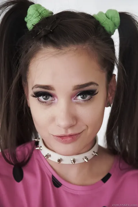 Gia Paige: Slim Brunette in Pigtails Undresses and Spreads Her Pussy – photo 11 of 16