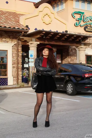 Lana Lovelace – Petite Latina in Stockings and Heels Poses by a Car