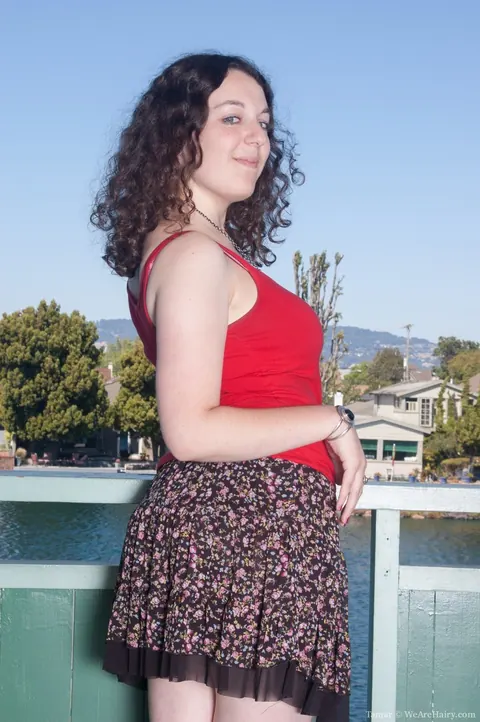 Chubby Curly Brunette in a Bikini Strips and Spreads Outdoors – photo 2 of 21
