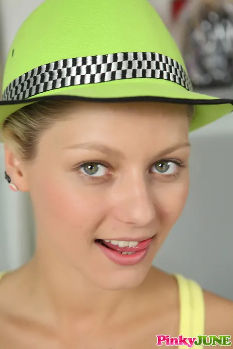 Pinky June: Czech Blonde in Striped Socks Fingers and Dildos Her Shaved Pussy – photo 1 of 15
