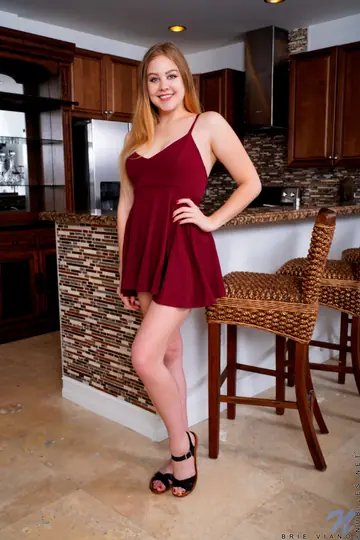 Brie Viano – Thick Pale Redhead Strips and Masturbates with a Dildo in the Kitchen