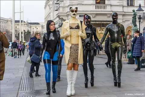 Pigtailed Woman in Latex and Heels Strolls Public Streets – photo 13 of 16