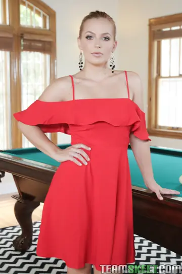 Busty Blonde in a Ponytail Bares All on the Pool Table