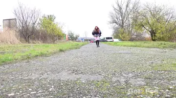 Pale Czech Redhead Pisses and Spreads on a Public Path