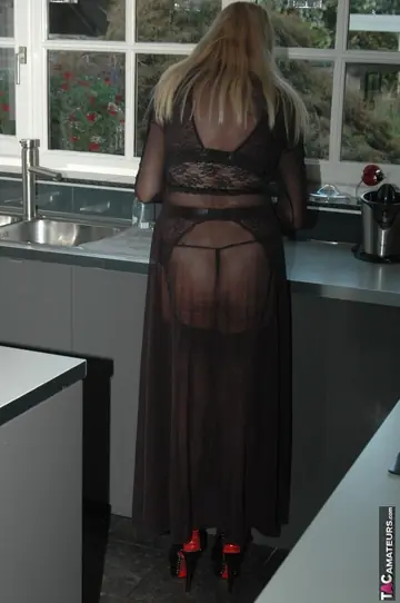 Thick Blonde MILF Spreads Her Pussy in Crotchless Lingerie in the Kitchen