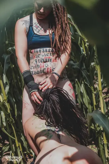 Woman with Pigtails and Tattoos Has Lesbian Sex Outdoors