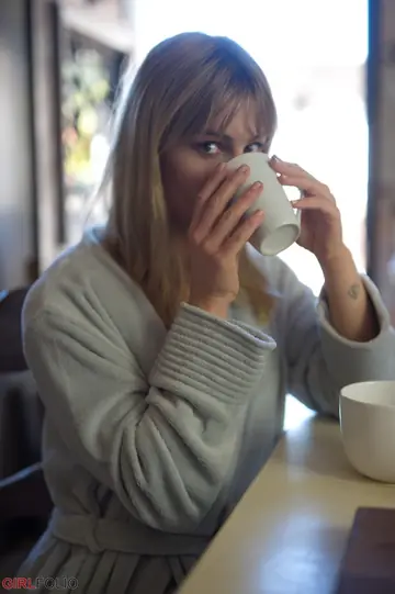 Thick Blonde Strips Out of Her Bikini During Morning Coffee in the Kitchen