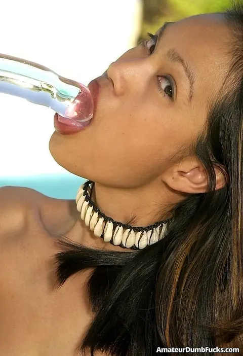Iris Estrada: Petite Asian Brunette Masturbates with Glass Dildo by the Pool – photo 3 of 21