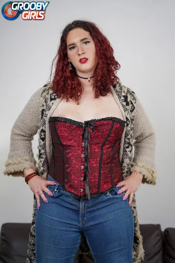 Redhead Trans Woman in Jeans Spreads and Shows Her Big Tits