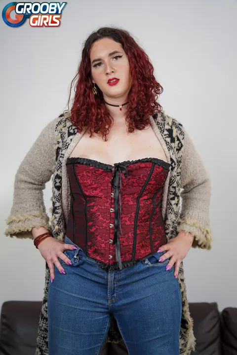 Redhead Trans Woman in Jeans Spreads and Shows Her Big Tits – photo 1 of 16
