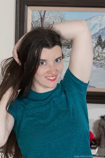 Gabby Smith – Slim Brunette Strips Off Her Lingerie and Shows Her Hairy Pussy