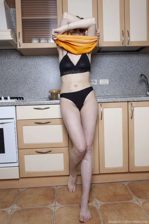 Amelinda: Short-Haired Brunette Strips Out of Her Skirt in the Kitchen – photo 3 of 21