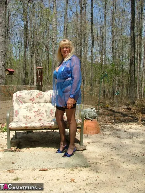 Mature Blonde BBW with Pierced Shaved Pussy Dildos in the Garden – photo 1 of 19
