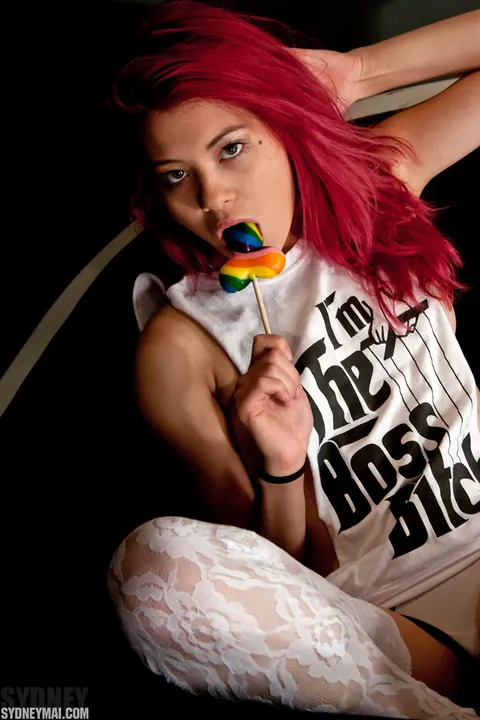 Sydney Mai: Thick Japanese Redhead in Stockings Pulls Panties Aside – photo 3 of 15
