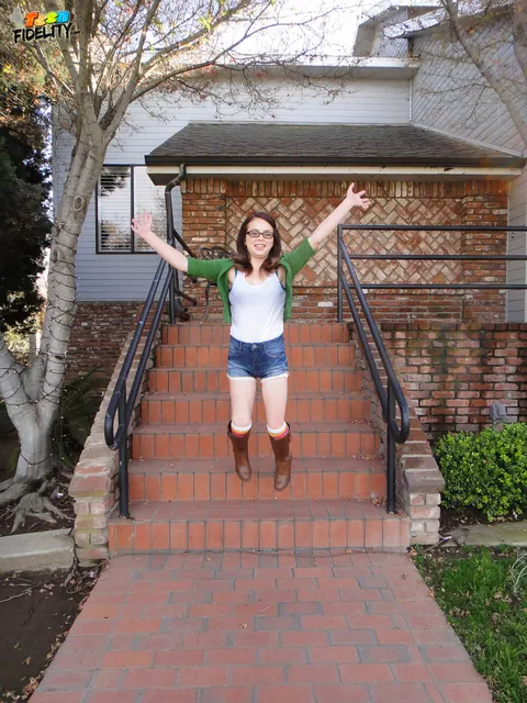 Jennifer Bliss: Skinny Brunette in Glasses Strips Outdoors – photo 16 of 18