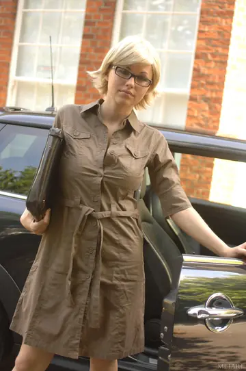 Busty European Blonde in Glasses Spreads Her Trimmed Pussy