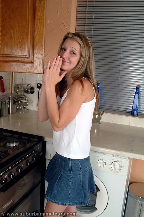 Petite British Woman Strips Off Her Skirt and Spreads in the Kitchen – photo 1 of 21