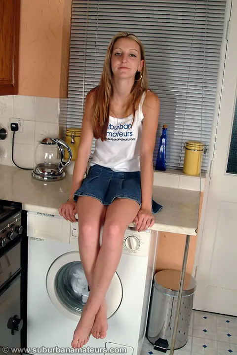 Petite British Woman Strips Off Her Skirt and Spreads in the Kitchen – photo 13 of 21