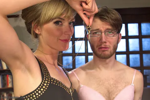 Mona Wales: Tall Slim Blonde in Lingerie, Panties, and Glasses Dominates Threesome – photo 11 of 16