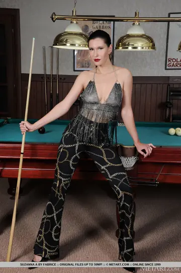 Brunette Climbs onto Snooker Table in Heels and Spreads