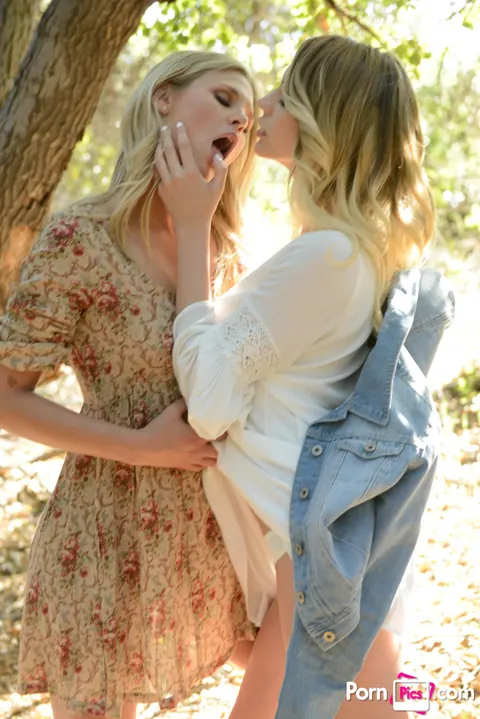 Blake Eden: Two Busty Blondes Have Lesbian Sex Outdoors by a Tree – photo 7 of 21