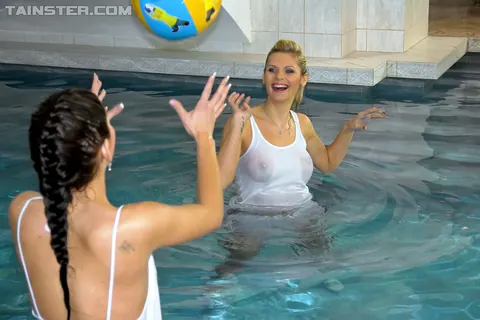 Rachel Evans: Busty Czech MILFs Kiss in Shorts by the Pool – photo 8 of 12