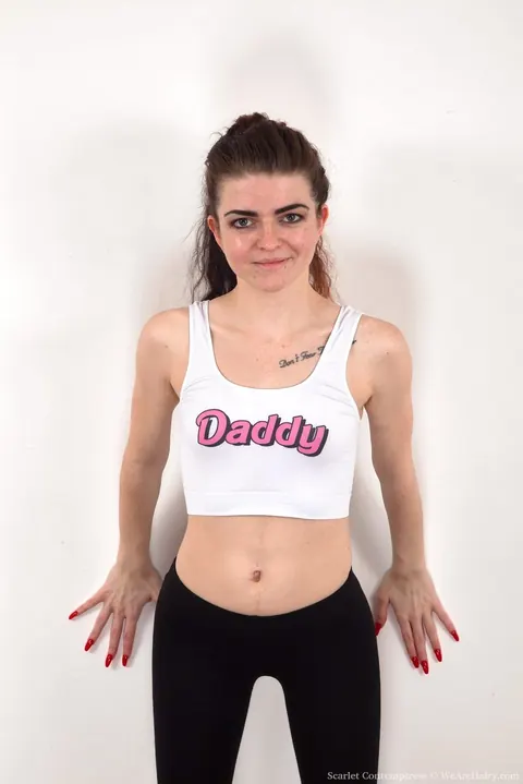 Scarlet Contemptress: Slim British Brunette Pulls Down Her Yoga Pants and Spreads Her Hairy Pussy – photo 1 of 16