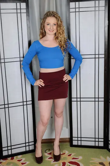 Curly Blonde Lifts Her Skirt and Spreads Her Hairy Pussy
