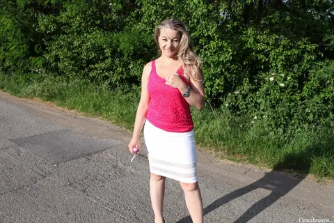 Valerie Voss: Thick Blonde MILF Fingers Herself and Uses a Dildo Outdoors in a Skirt – photo 2 of 19