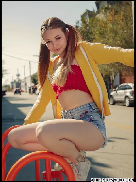 Lana Lea: Blonde in Shorts Strips Naked and Holds Her Pigtails – photo 2 of 15