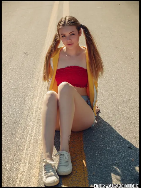 Lana Lea: Blonde in Shorts Strips Naked and Holds Her Pigtails – photo 10 of 15