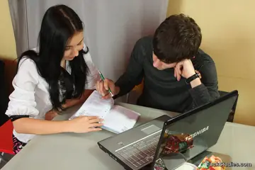 European Brunette in a Skirt Gets Fucked Doggy and Takes Cum in Open Mouth
