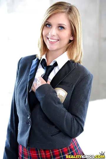 Blonde in Uniform Lifts Her Skirt and Spreads Her Shaved Pussy