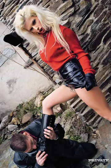 Blonde Czech MILF Gives a Footjob Then Takes Anal in Leather Boots Outdoors