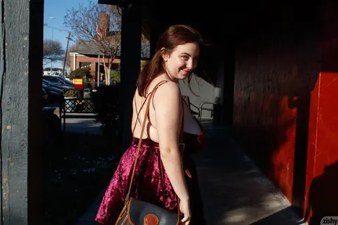 Milly Marks: Chubby Brunette Shows Her Natural Tits and Spreads in a Skirt Outdoors – photo 1 of 12