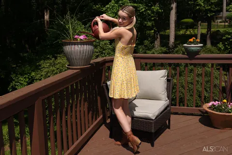 Khloe Kingsley: Blonde Strips Out of Her Skirt and Uses a Dildo on the Balcony – photo 2 of 16
