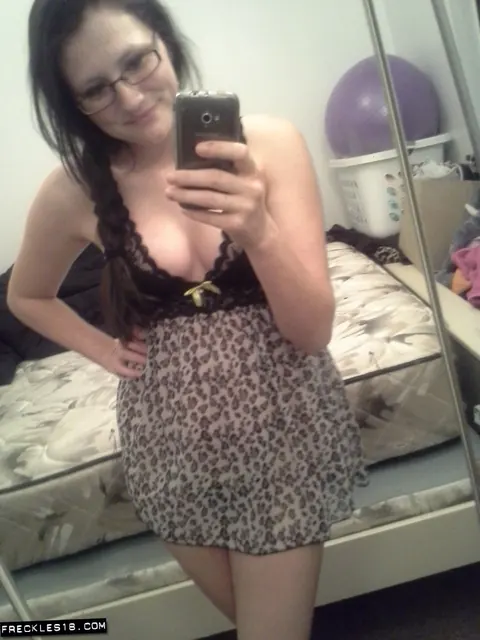 Busty Brunette in Glasses Spreads Her Pussy in Lingerie Selfie – photo 1 of 12