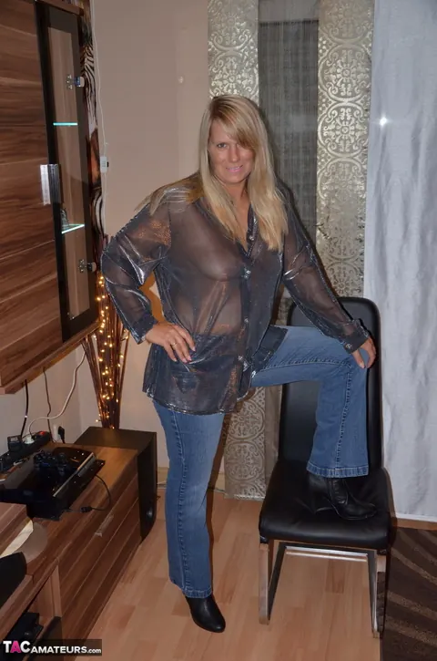 Sweet Susi: European Blonde MILF Unbuttons Her Sheer Blouse and Strips – photo 2 of 16