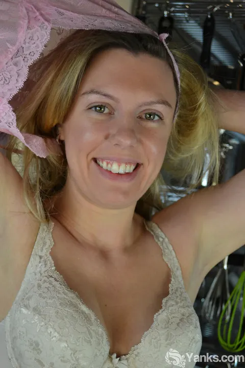 Thick Blonde Pulls Panties Aside to Finger Her Hairy Pussy Standing – photo 11 of 15