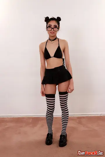 Eva Yi – Petite Asian Babe in Glasses and Skirt Enjoys a Gangbang