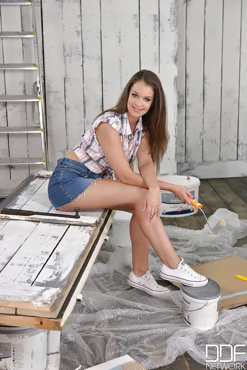 Angelina Brill: Petite Slim Brunette Bends Over in Her Skirt and Spreads – photo 2 of 16