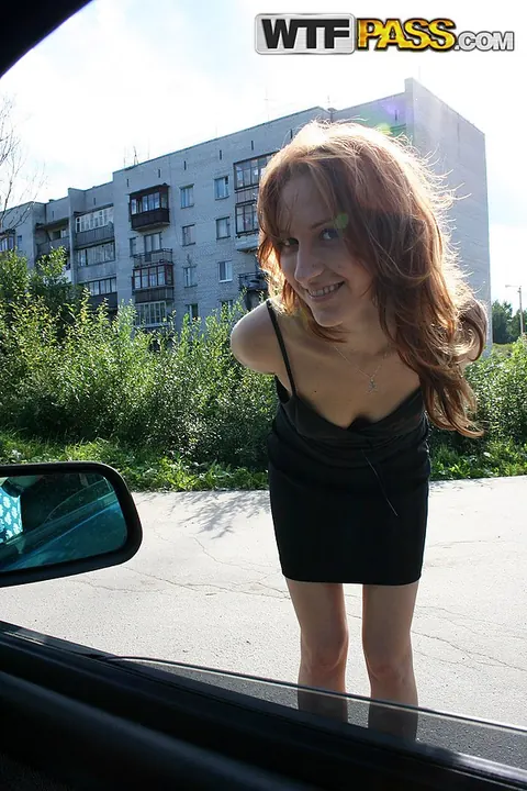 Sabrina Redhart: Thick Redhead in a Skirt Sucks Two Cocks in a Car Outdoors – photo 2 of 16