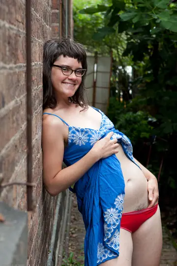 Slim Brunette in Glasses Bares All and Spreads Her Hairy Pussy Outdoors