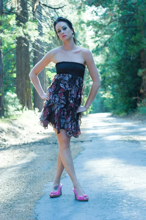 Justine Jewel: Short-Haired Brunette in a Dress Shows Off Her Natural Tits in the Forest – photo 2 of 21