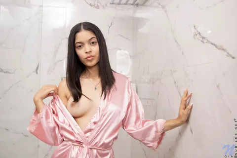Thick Latina Bares Big Tits from Robe in the Bathroom – photo 2 of 16