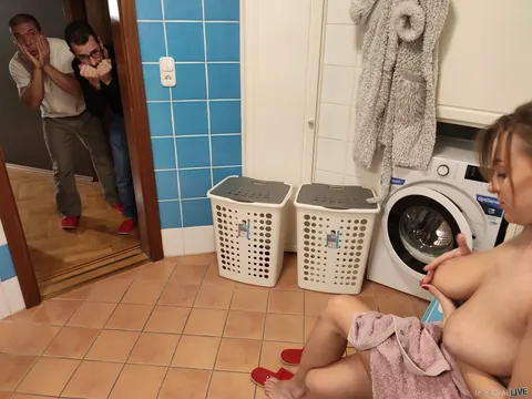 Josephine Jackson: Ukrainian Brunette with Natural Tits Takes Two Men in the Bathroom – photo 8 of 20