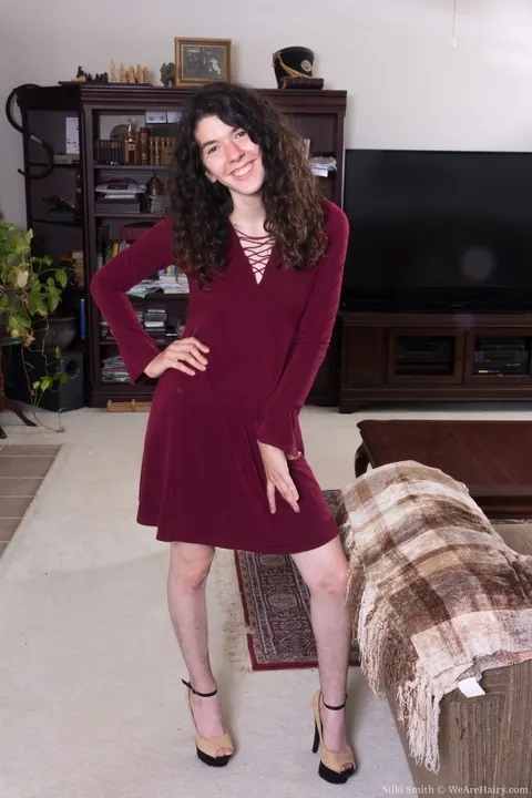 Silki Smith: Brunette in a Dress Toys Her Hairy Bush with a Dildo – photo 3 of 21