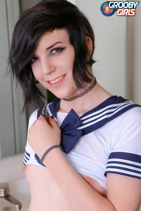 Trans Woman Poses in a Uniform and Panties – photo 6 of 16